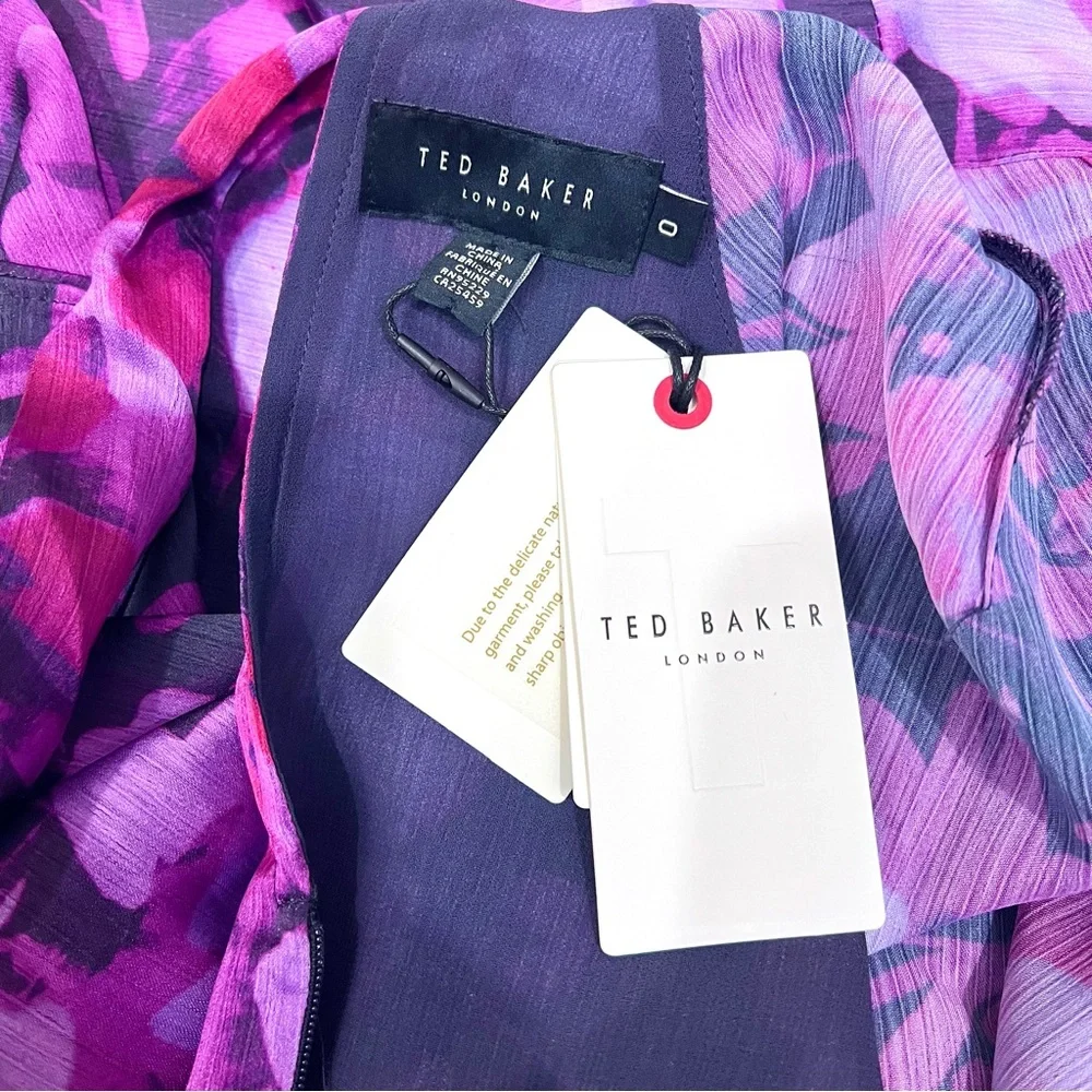 NWT Ted Baker Sammieh Purple Floral Long Sleeve Keyhole High Neck Flare Dress